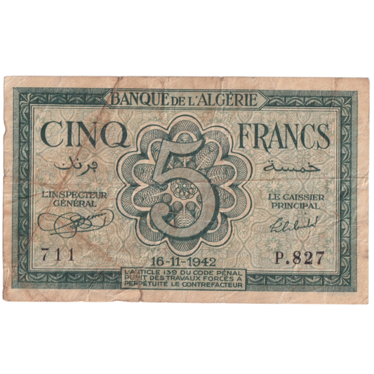 Algeria 1942 5 Francs G 711P827 Banknote