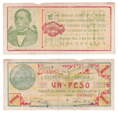 Mexico 1915 1 Peso F P595662 Banknote