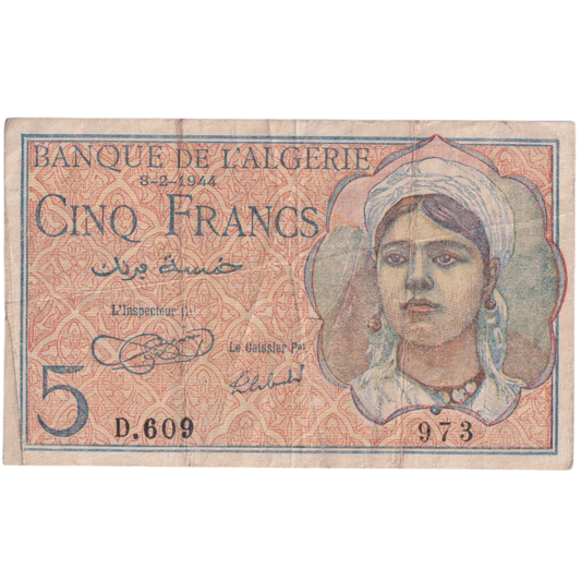 Algeria 1944 5 Francs F D609973 Banknote