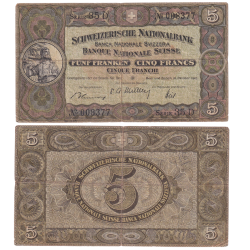 Switzerland 1914 5 Francs F 85D No.008377 Banknote