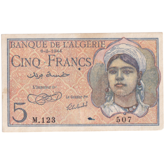 Algeria 1944 5 Francs F M123507 Banknote