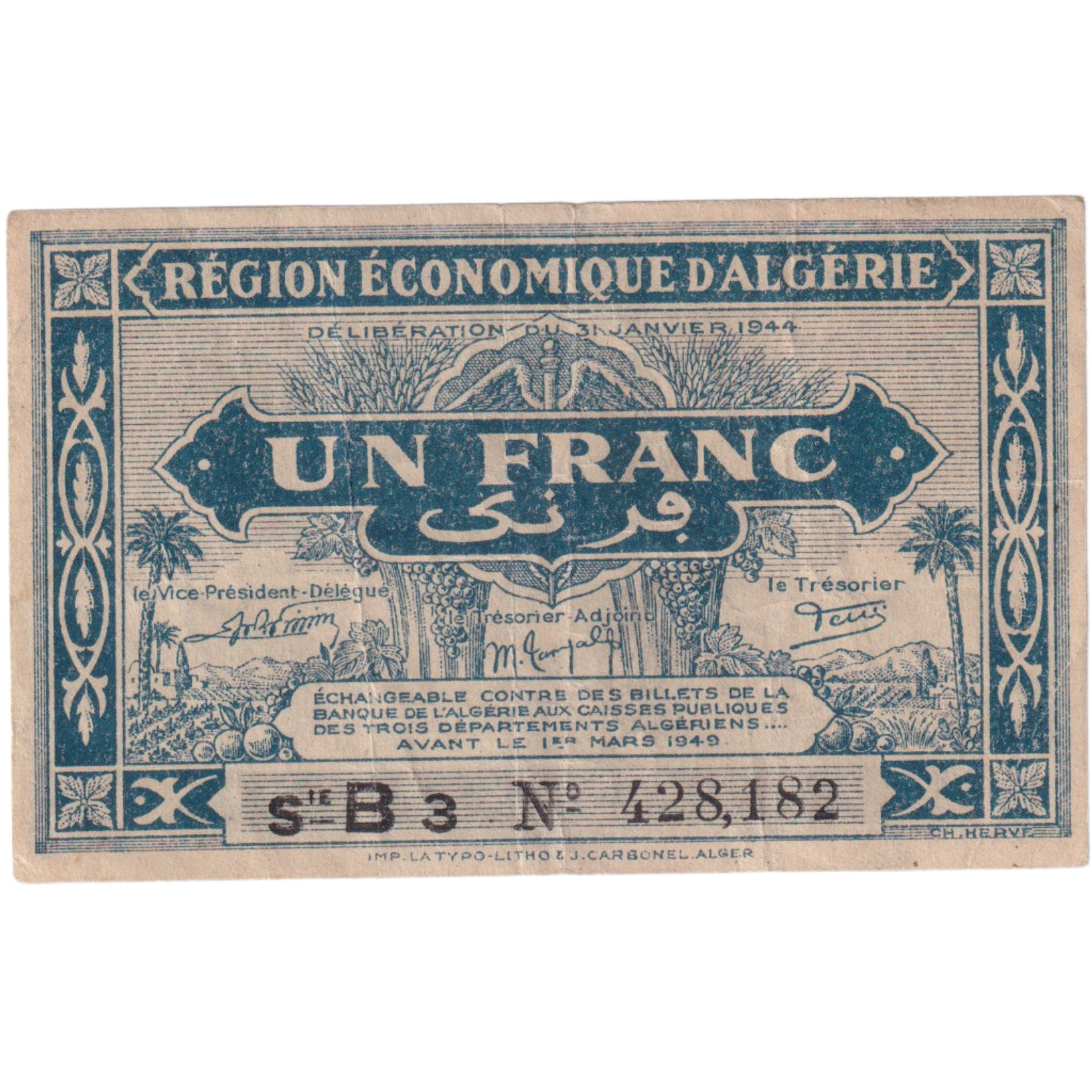 Algeria 1944 1 Franc F 428182 Banknote