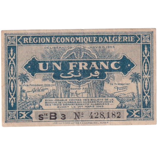 Algeria 1944 1 Franc F 428182 Banknote