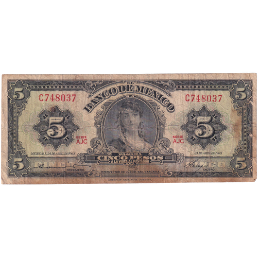Mexico 1963 5 Pesos F C748037 Banknote