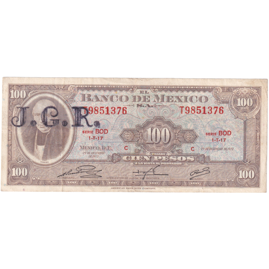 Mexico 1972 100 Pesos F T9851376 Banknote