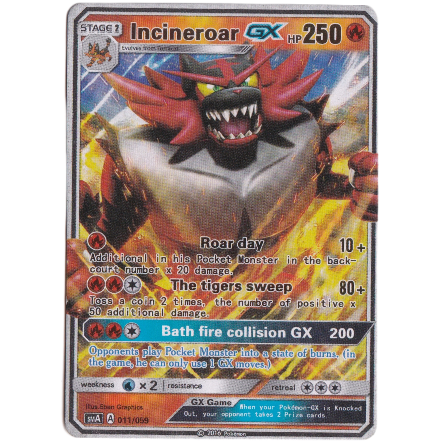Pokemon Stage 1 Incineroar GX HP 250 Card