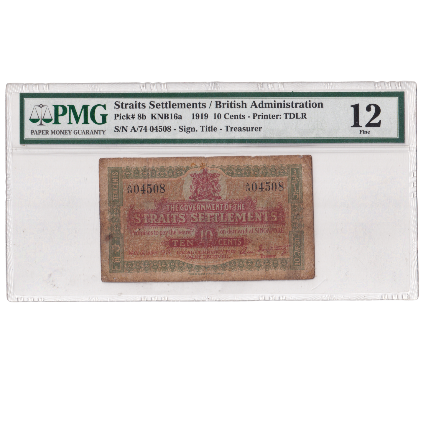 Straits settlements 10cents 1919 Grade 12 A74 04508