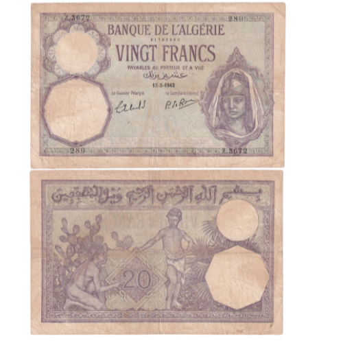 Algeria 1942 20 Francs F Banknote