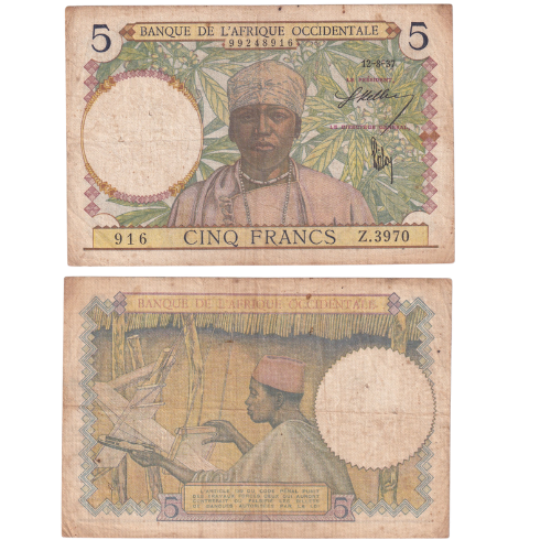 West Africa 1943 5 Francs F 99248916 Baknote