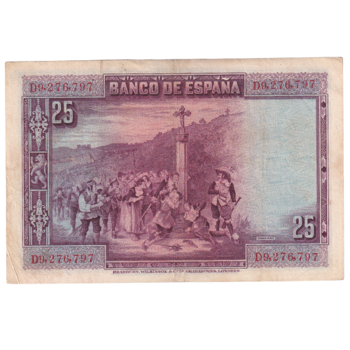 Spain 1928 25 Pesetas VF D9,276,797 Banknote