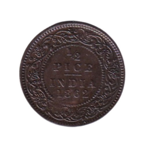 India 1862 1/2 Pice VF Victoria Queen Coin 