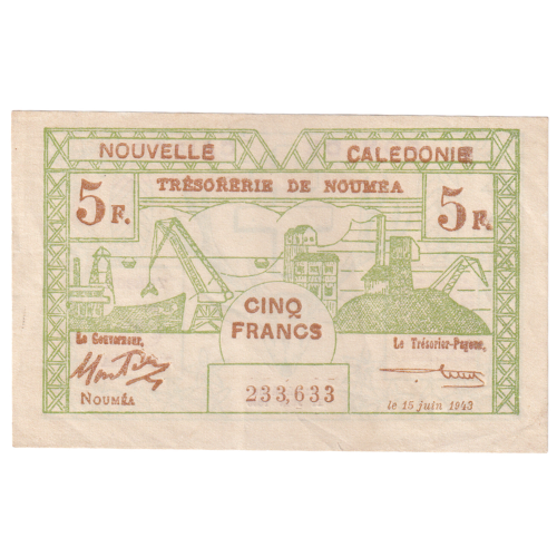 New Caledonia 1943 5 Francs F 233,633 Banknote 