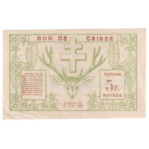 New Caledonia 1943 5 Francs F 233,633 Banknote 