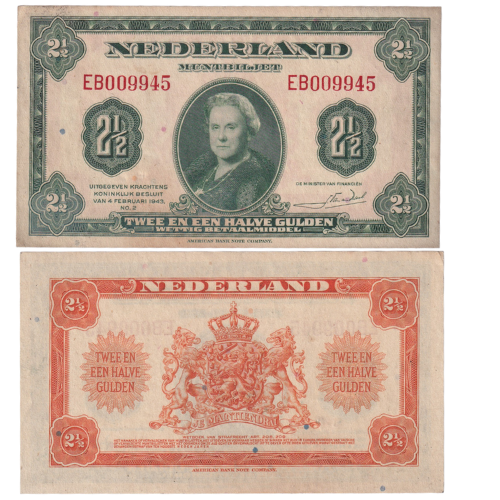 Netherland 1943 2&1/2 Gulden UNC EB009945 Banknote 