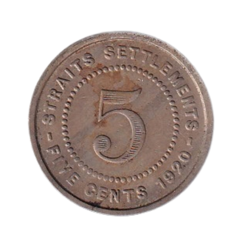 Straits Settlements 1920 5 Cents VG King George V Coin