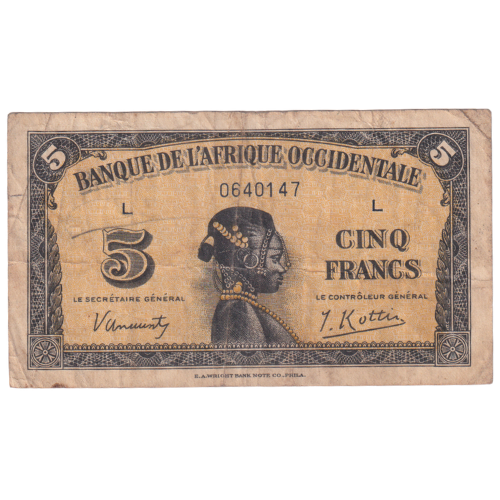 French West Africa 1942 5 Francs F 0640147 Banknote