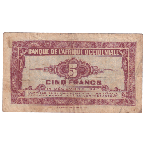 French West Africa 1942 5 Francs F 0640147 Banknote