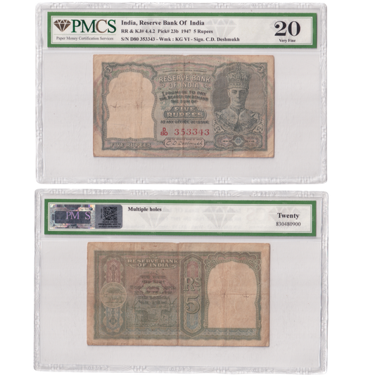 India 1947 5 Rupees Sign C.D.Deshmukh PMCS Certified 20 D80 353343 Banknote