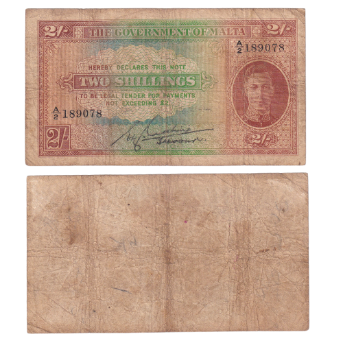 BRITISH MALTA 2 SHILLING UNIFACE NOTE 189078