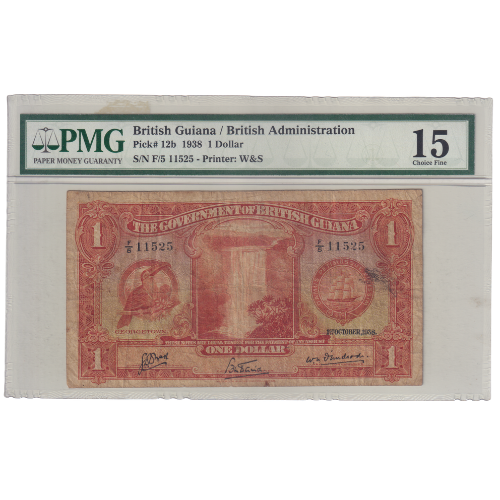 British Guiana 1938 1 Dollar (PMG Certificate 15 Choice Fine) F/6 11525 Banknote 