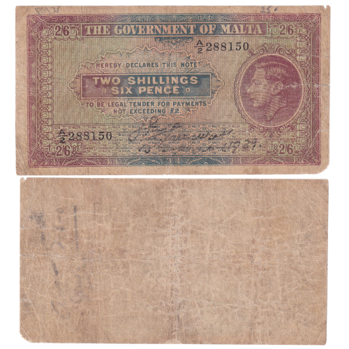 BRITISH MALTA 2 SHILLING 6 PENCE UNIFACE NOTE