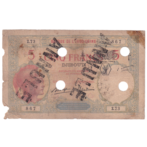 France Indo china 1943 5 Francs Djibouti g Z.73 867 (Extremely rare) Banknote  