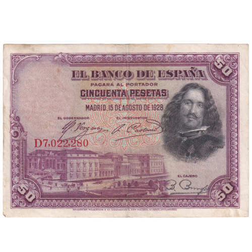 Spain 1928 50 Pesetas VF D7,022,280 Banknote