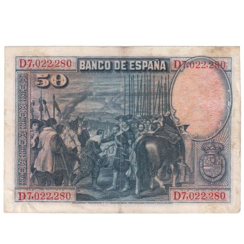 Spain 1928 50 Pesetas VF D7,022,280 Banknote