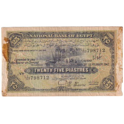 Egypt 1942 25 Piastres F L/69 798712 Banknote 