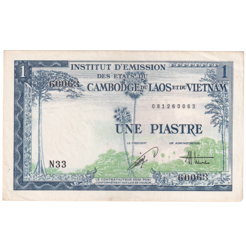 Vietnam French Indochina 1954 1 Piastre VF 081260063 Banknote