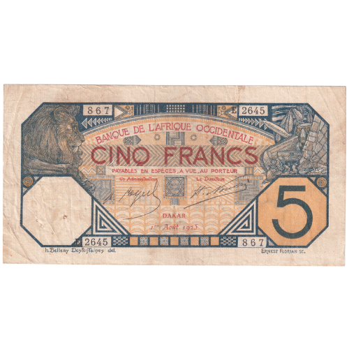 French West Africa 1925 5 Francs F 2645867 Banknote  