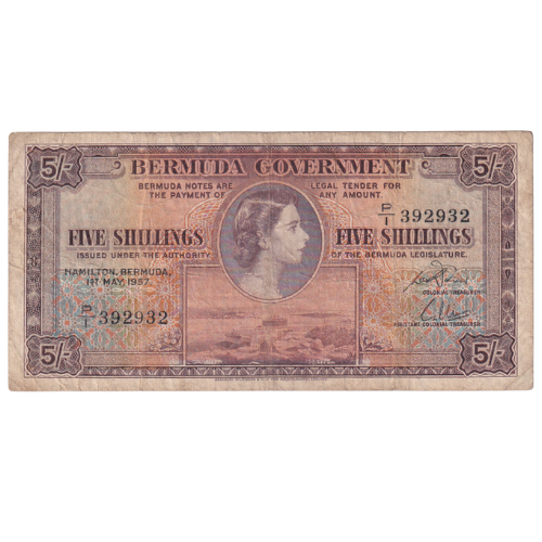 Bermuda Government 1957 5 Shillings P/1 392932 Banknote 