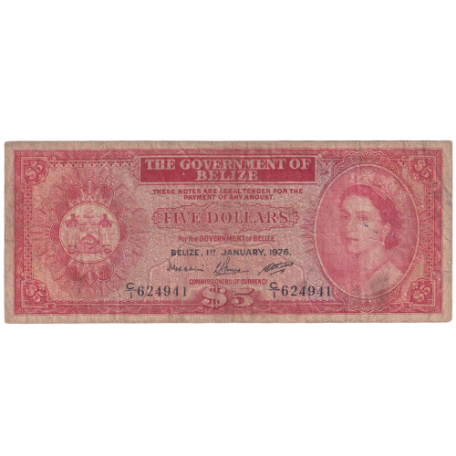 The Government of Belize 1976 5 Dollars F C/1 624941 Banknote 