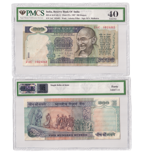 India 1987 500rs Sign R.N.Malhotra PMCS Certified 40 2AC 102682