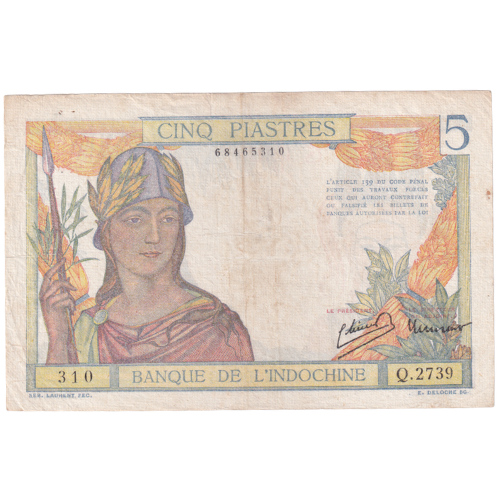 French Indo China 1946 5 Piastres F 68465310 Banknote