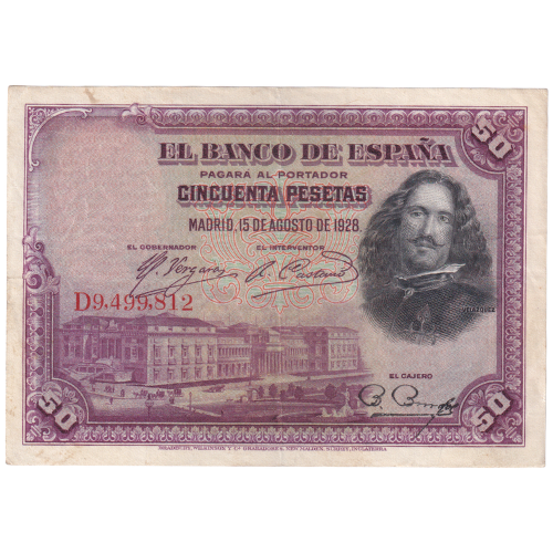 Spain 1928 50 Pesetas VF D9,499,812 Banknote
