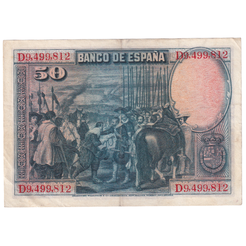 Spain 1928 50 Pesetas VF D9,499,812 Banknote