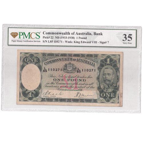 Australia 1933–1938 1 Pound (PMCS Certificate 35 Very Fine) L/85 110271 Banknote