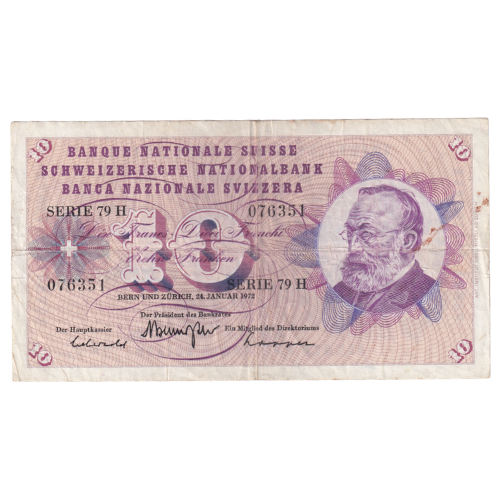 Switzerland 1972 10 Francs VF 076351 Banknote 