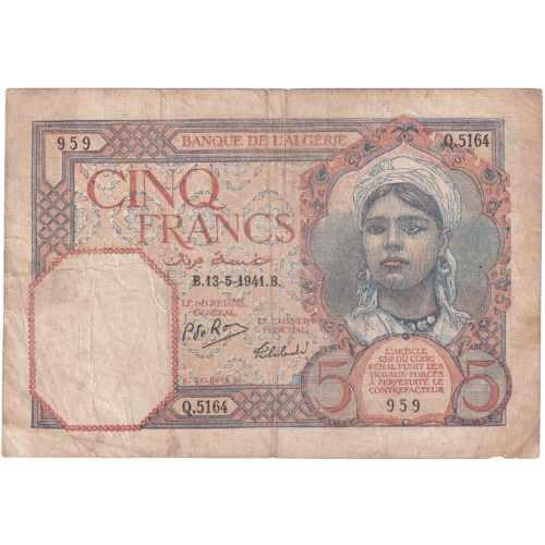 Algeria 1941 5 Francs F Q.5164 959 Banknote