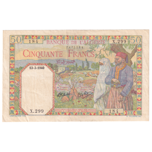 Algeria 1940 50 Francs VF X.299 184 Banknote 