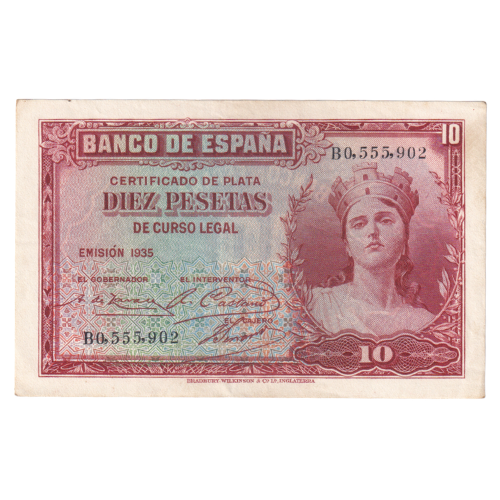 Spain 1935 10 Pesetas VF B0,555,902 Banknote 