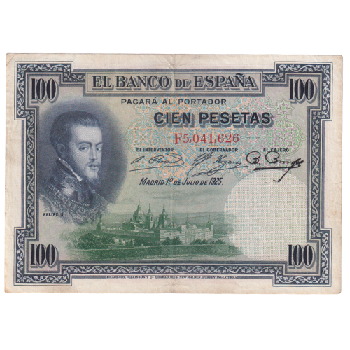 Spain 1925 100 Pesetas VF F5,041,626 Banknote 