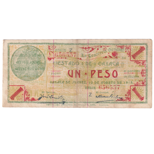Mexico 1915 1 Peso VF 656557 Banknote