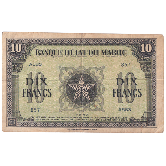 MOROCCO 1943 10 FRANCS VF A583857 Banknote