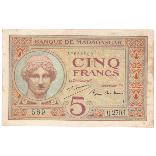 MADAGASCAR 1926-1947 5 FRANCS VF 589 Q.2703 Banknote