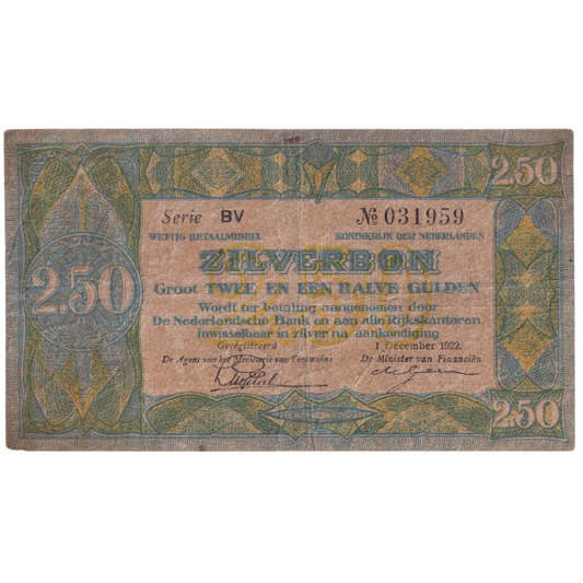 NETHERLAND 1918 2.5 GULDEN G BV 031959 Banknote