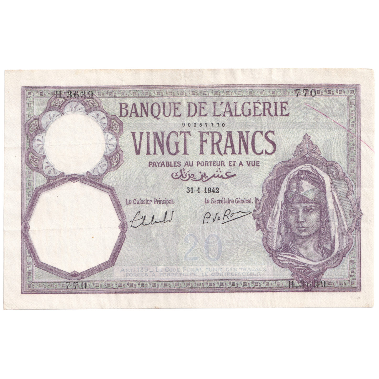 ALGERIA 1942 20 FRANCS H.3639 770