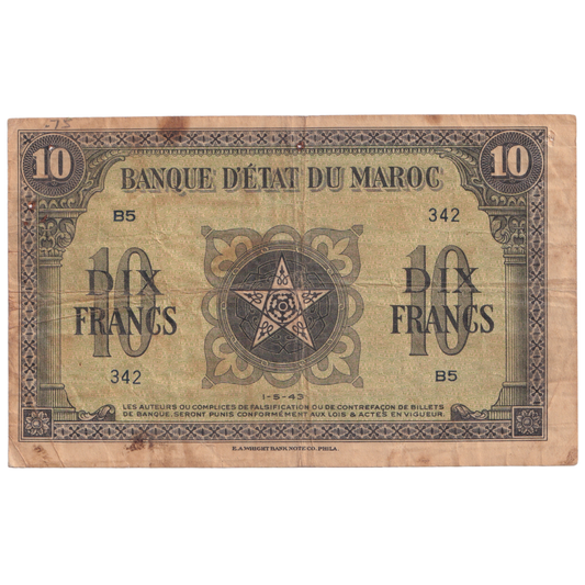 MORROCCO 1943 10 FRANCS F B5 342 Banknote