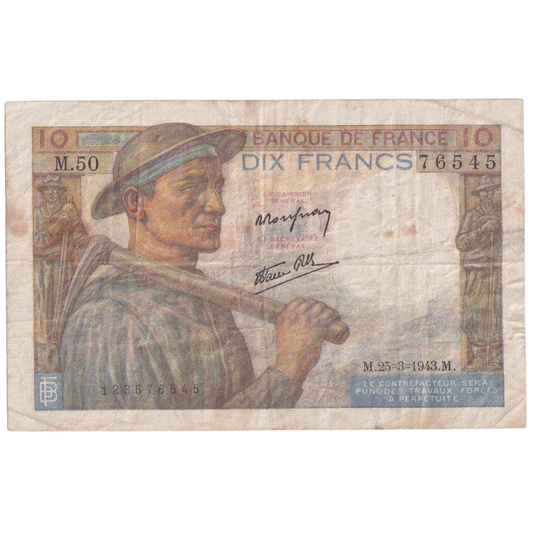 FRANCE 1944 10 FRANCS F M.50 76545 Banknote
